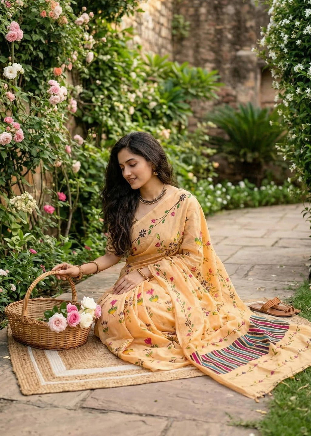 PURE MULMUL COTTON FLORAL TEST BRUSH PRINTED YELLOW SAREE WITH BLOUSE