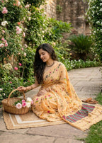 PURE MULMUL COTTON FLORAL TEST BRUSH PRINTED YELLOW SAREE WITH BLOUSE