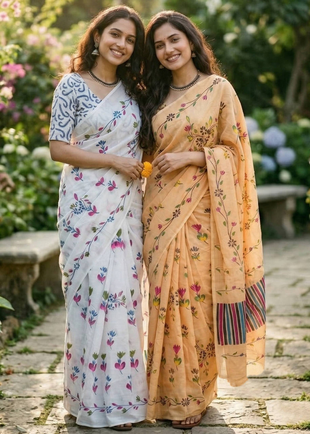 PURE MULMUL COTTON FLORAL TEST BRUSH PRINTED YELLOW SAREE WITH BLOUSE