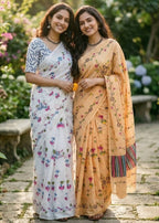 PURE MULMUL COTTON FLORAL TEST BRUSH PRINTED YELLOW SAREE WITH BLOUSE