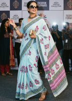 PURE MULMUL COTTON JAIPURI FLORAL HAND BLOCK PRINTED PINK SAREE WITH BLOUSE