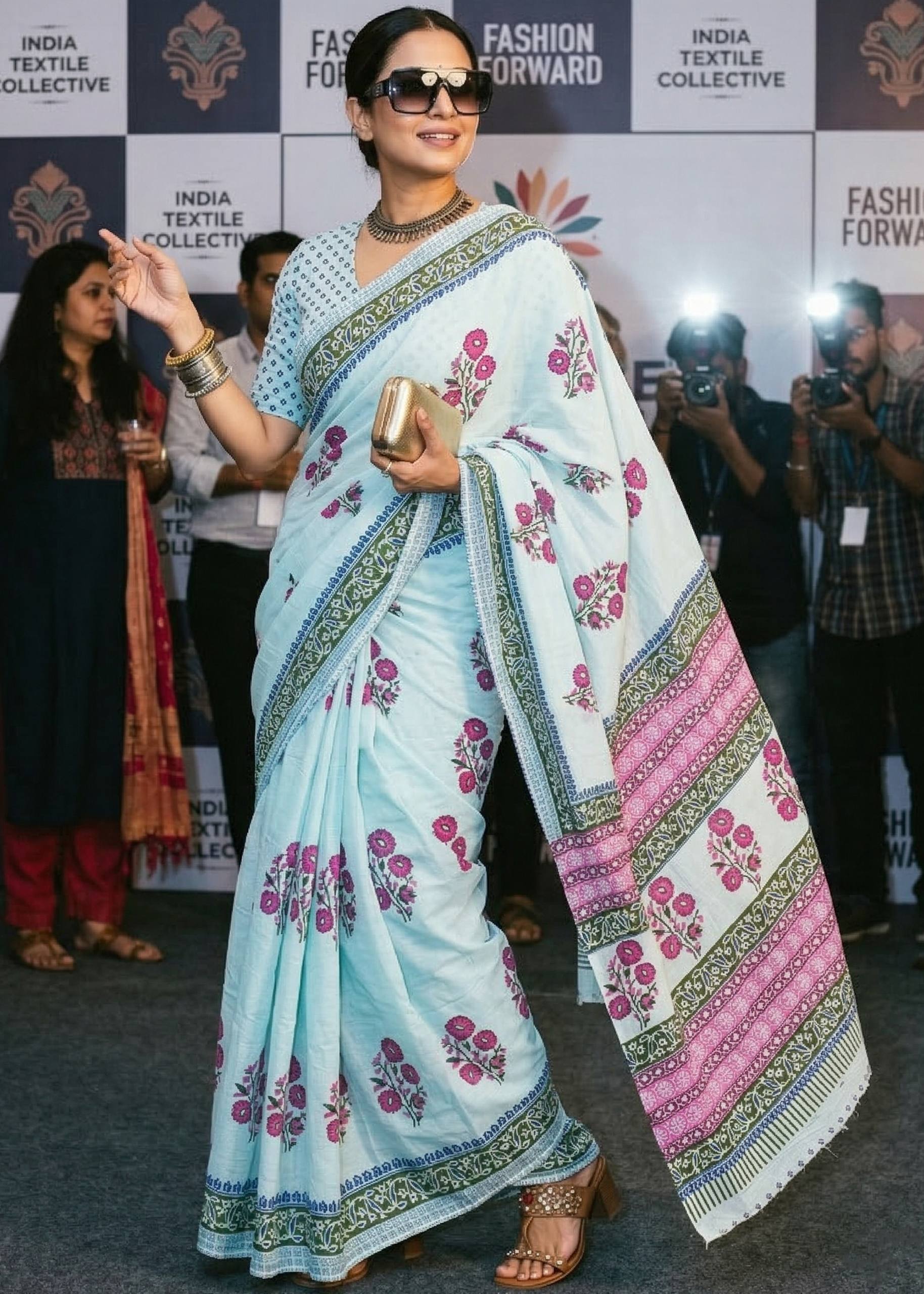 PURE MULMUL COTTON JAIPURI FLORAL HAND BLOCK PRINTED PINK SAREE WITH BLOUSE