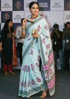PURE MULMUL COTTON JAIPURI FLORAL HAND BLOCK PRINTED PINK SAREE WITH BLOUSE