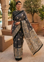 PURE MULMUL COTTON IKKAT PRINTED WITH KALAMKARI PRINTD PALLU BLACK SAREE WITH BLOUSE