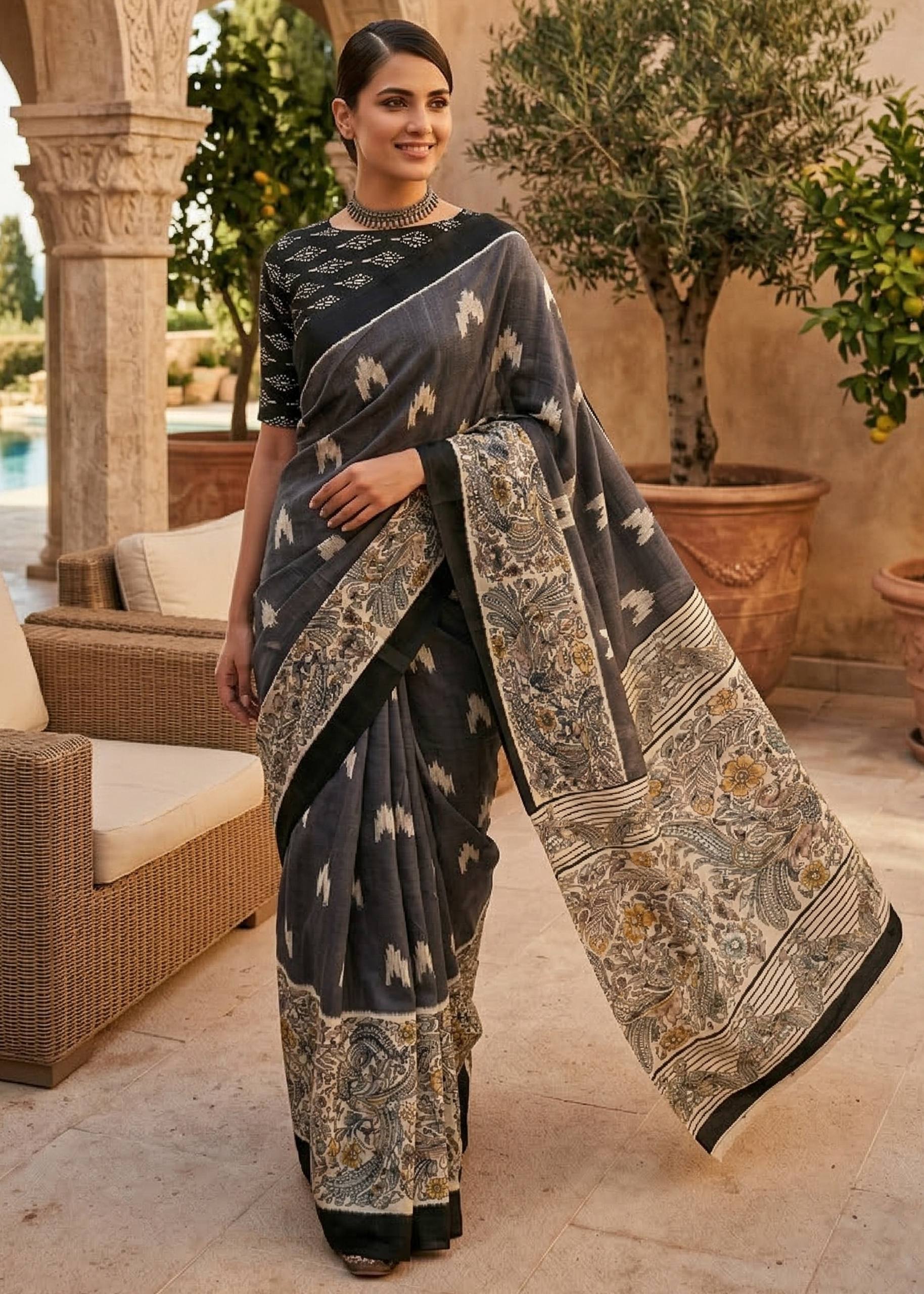 PURE MULMUL COTTON IKKAT PRINTED WITH KALAMKARI PRINTD PALLU BLACK SAREE WITH BLOUSE