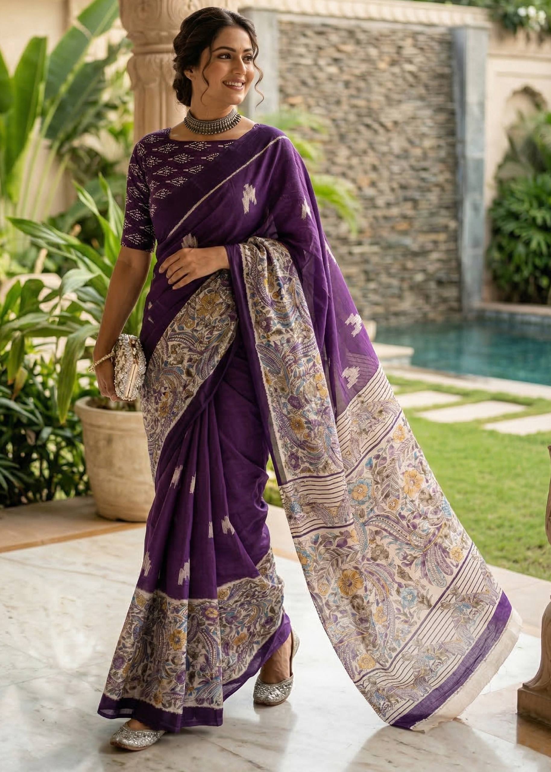 PURE MULMUL COTTON IKKAT PRINTED WITH KALAMKARI PRINTD PALLU PURPLE SAREE WITH BLOUSE