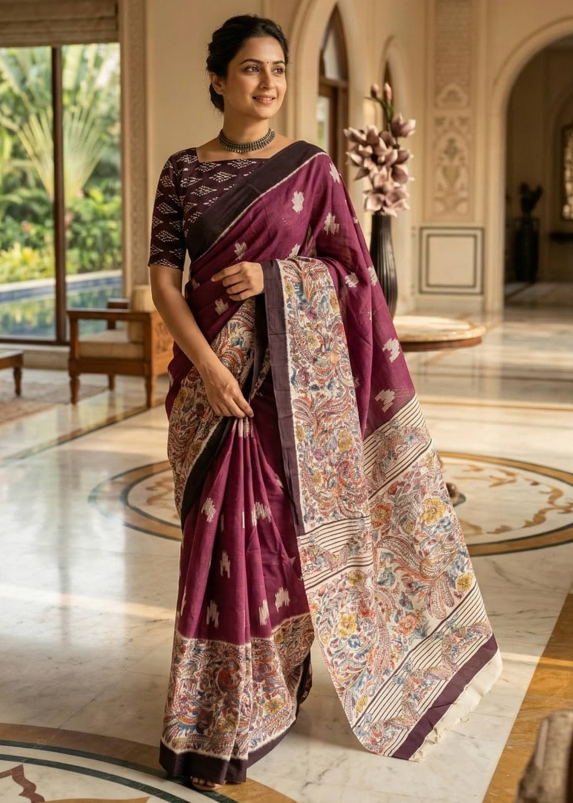 PURE MULMUL COTTON IKKAT PRINTED WITH KALAMKARI PRINTD PALLU MAROON SAREE WITH BLOUSE
