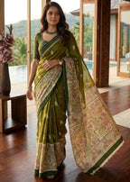 PURE MULMUL COTTON IKKAT PRINTED WITH KALAMKARI PRINTD PALLU GREEN SAREE WITH BLOUSE