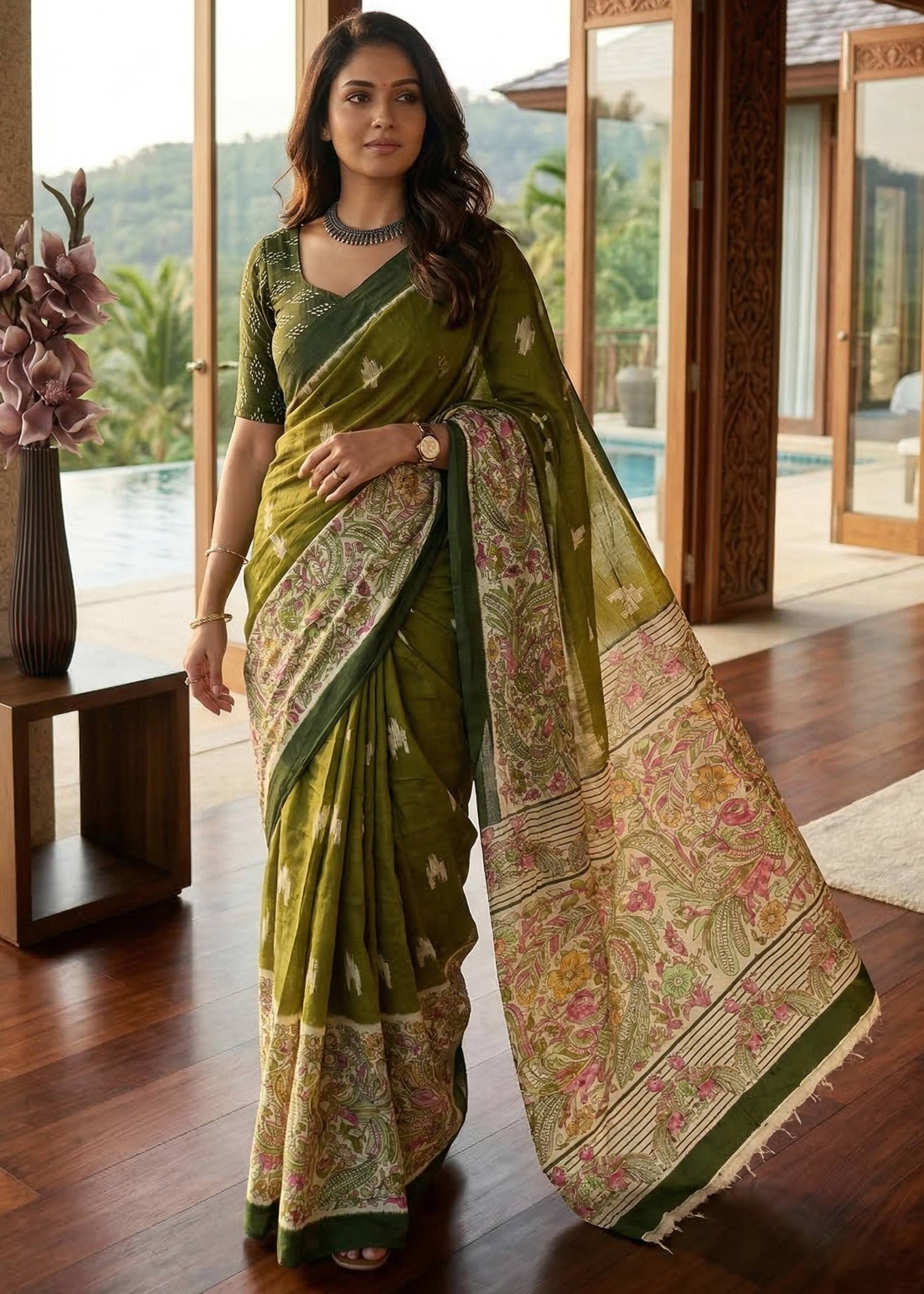 PURE MULMUL COTTON IKKAT PRINTED WITH KALAMKARI PRINTD PALLU GREEN SAREE WITH BLOUSE