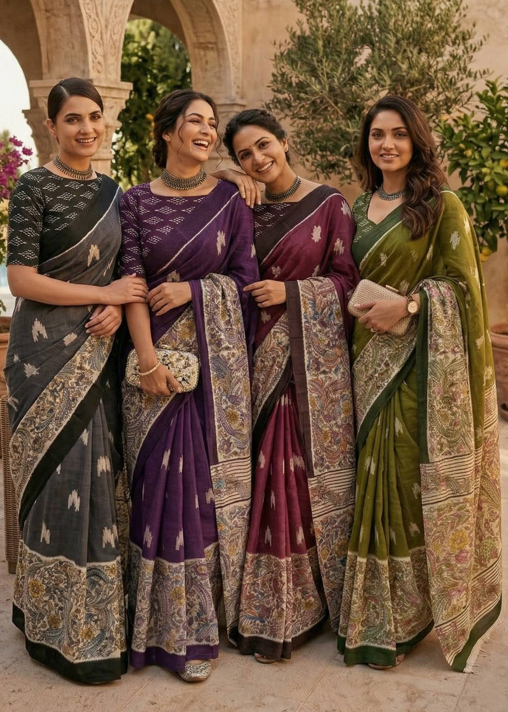 PURE MULMUL COTTON IKKAT PRINTED WITH KALAMKARI PRINTD PALLU BLACK SAREE WITH BLOUSE