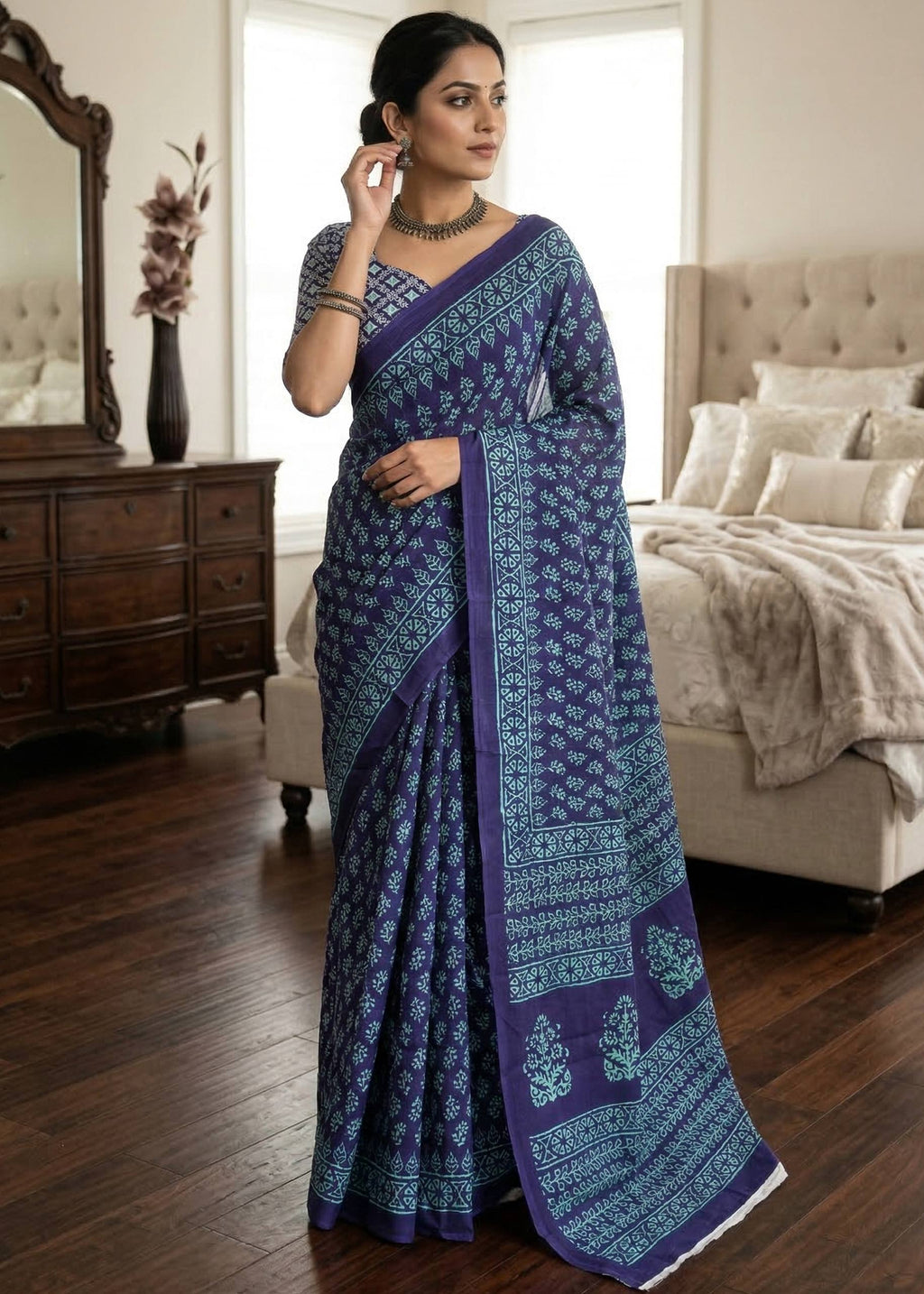 PURE MULMUL COTTON SANGANERI PRINTD BLUE SAREE WITH BLOUSE
