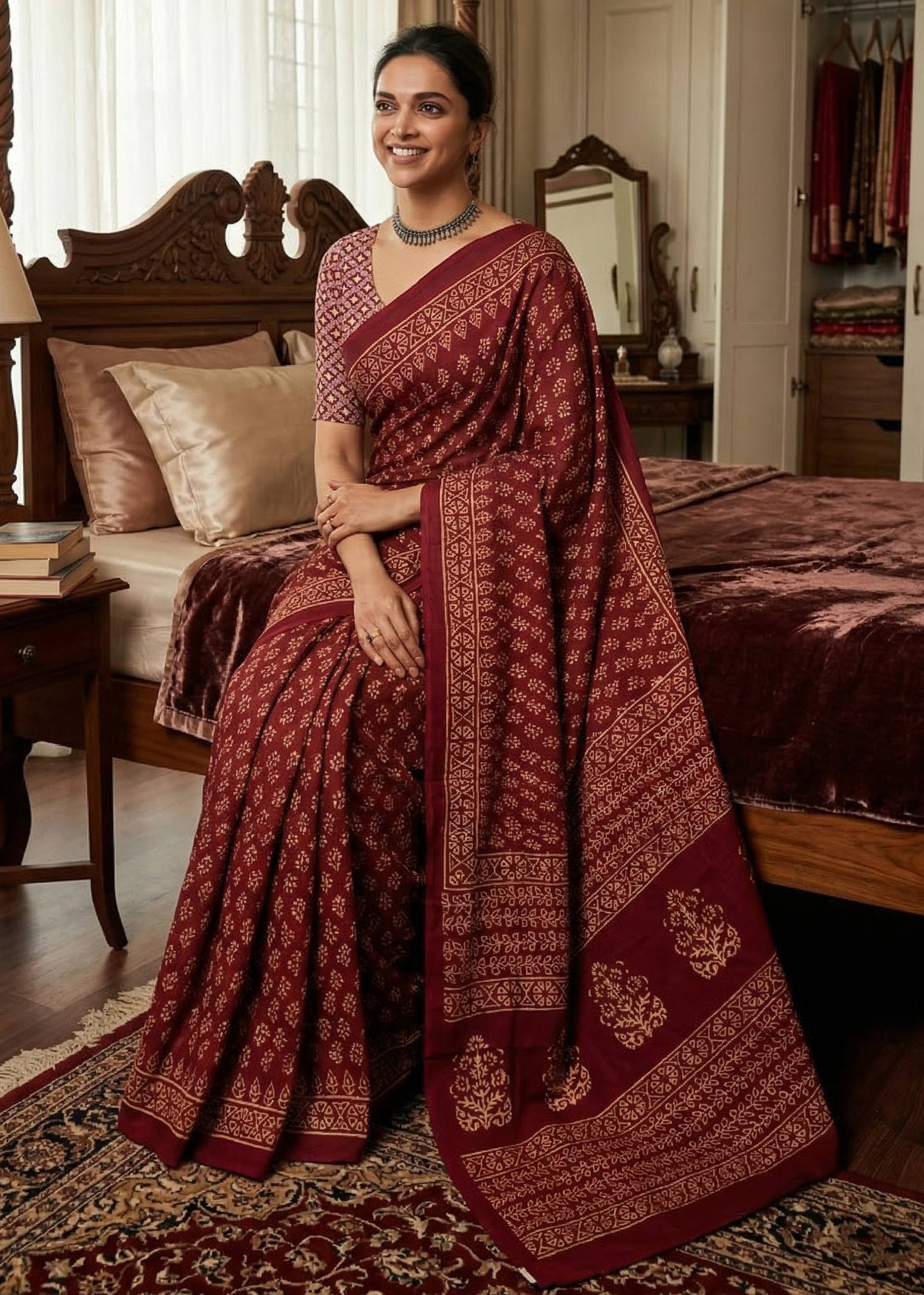 PURE MULMUL COTTON SANGANERI PRINTD MAROON SAREE WITH BLOUSE