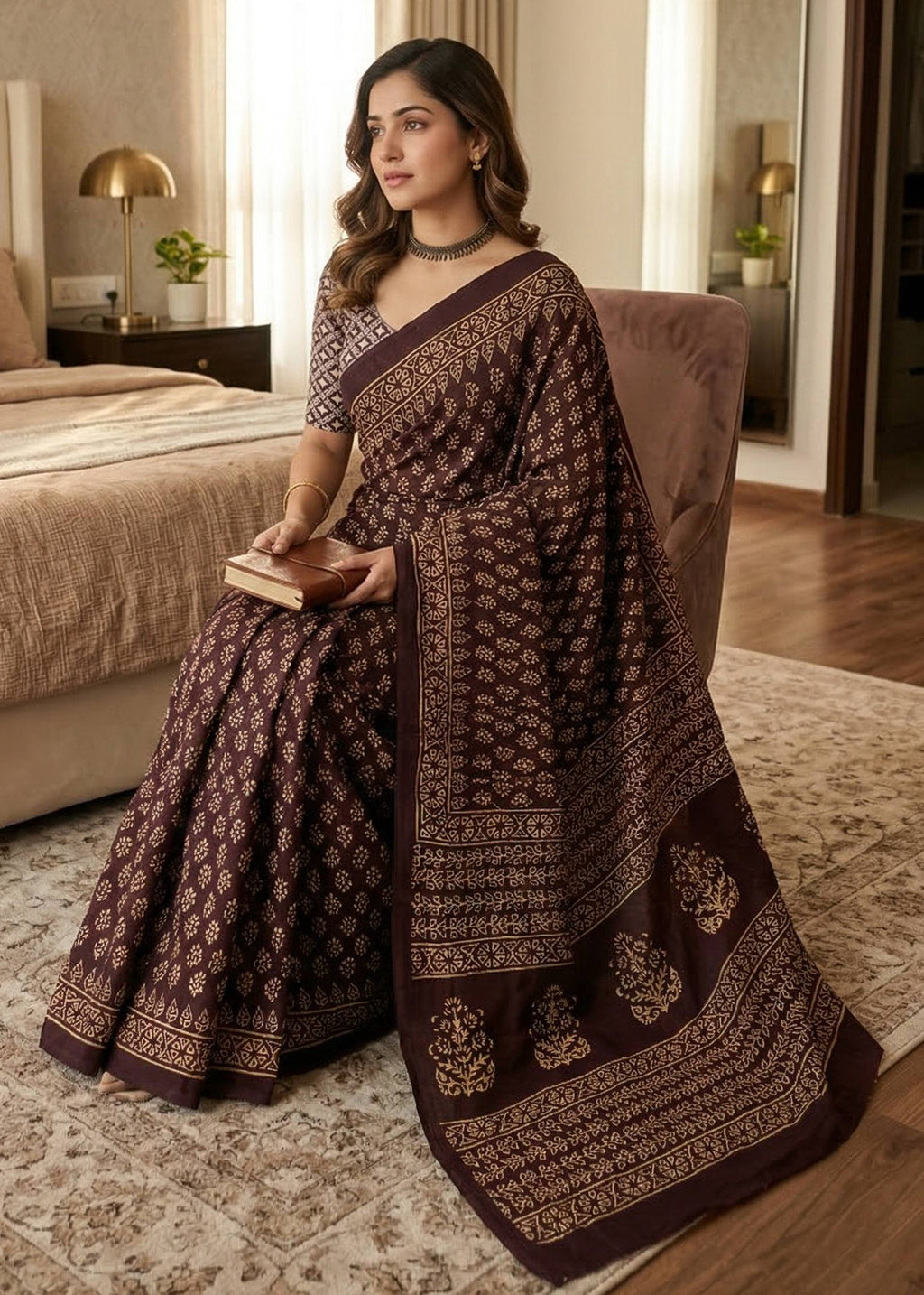 PURE MULMUL COTTON SANGANERI PRINTD BROWN SAREE WITH BLOUSE