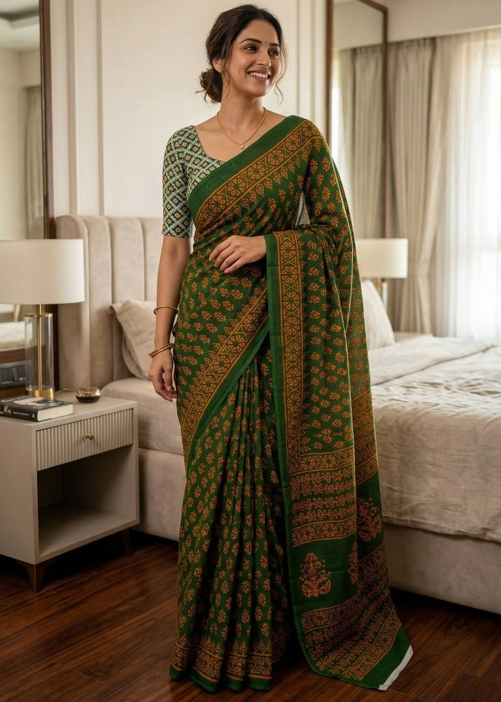 PURE MULMUL COTTON SANGANERI PRINTD GREEN SAREE WITH BLOUSE