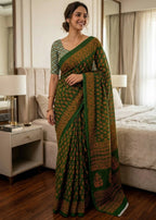 PURE MULMUL COTTON SANGANERI PRINTD GREEN SAREE WITH BLOUSE