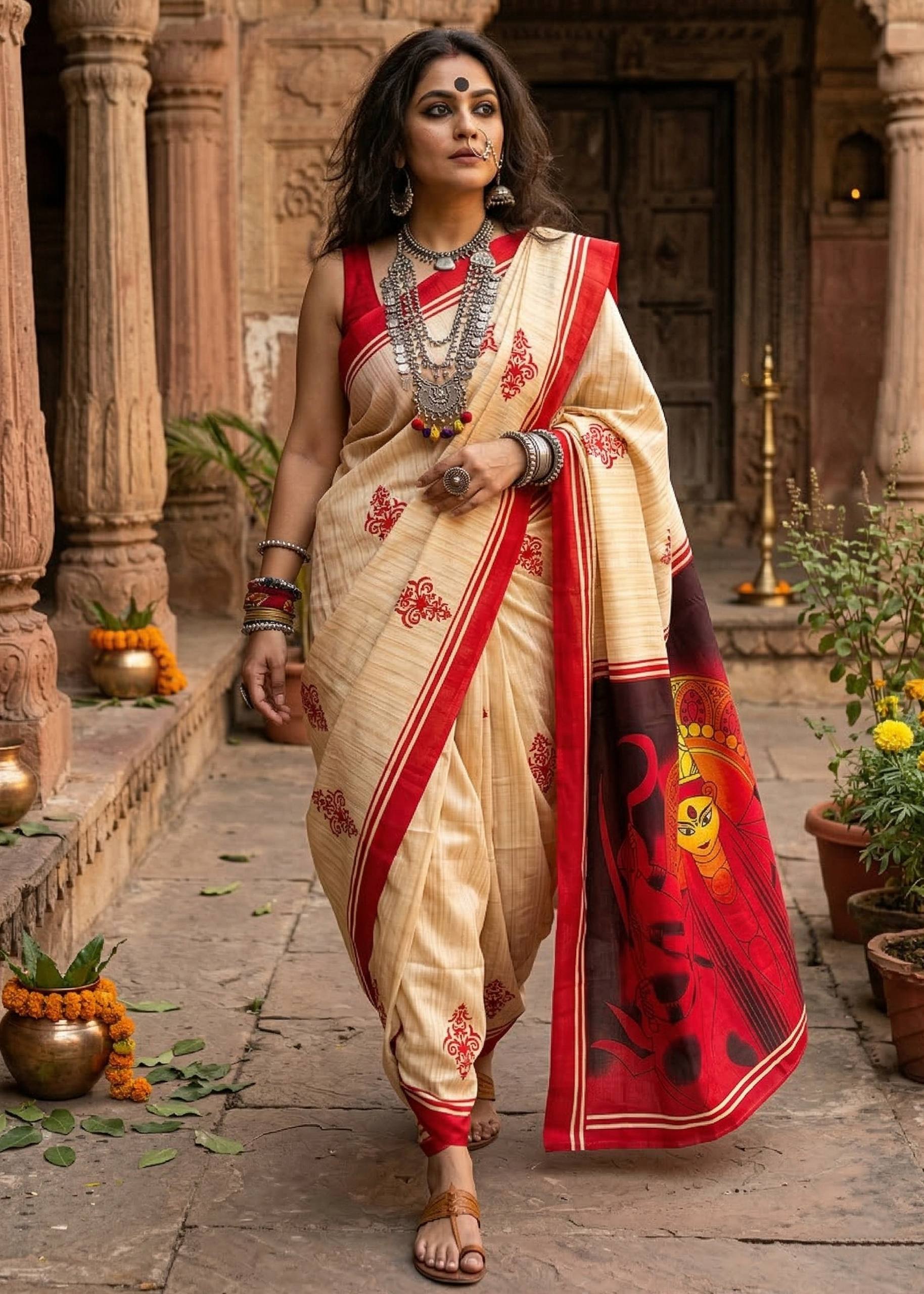 BAGRU BLOCK PRINT MULMUL COTTON MULMUL BEIGE AND RED SAREE WITH BLOUSE