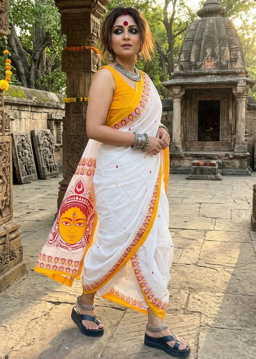 BAGRU BLOCK PRINT MULMUL COTTON MULMUL YELLOW AND WHITE SAREE WITH BLOUSE