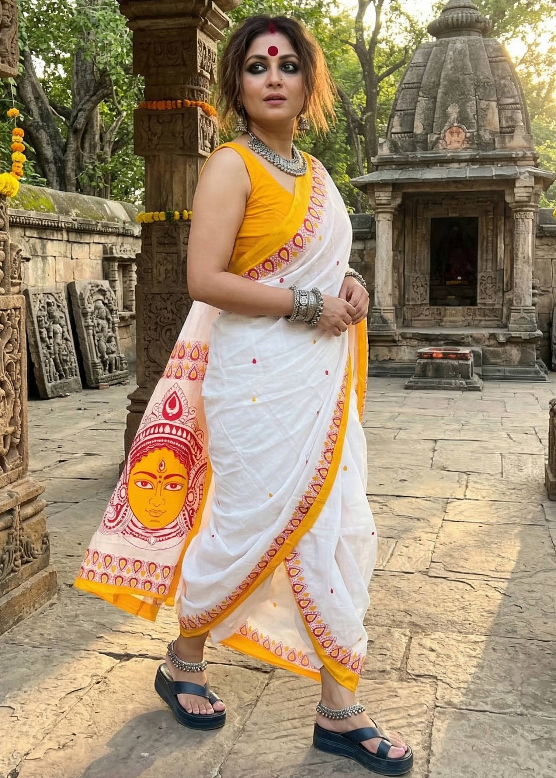 BAGRU BLOCK PRINT MULMUL COTTON MULMUL YELLOW AND WHITE SAREE WITH BLOUSE