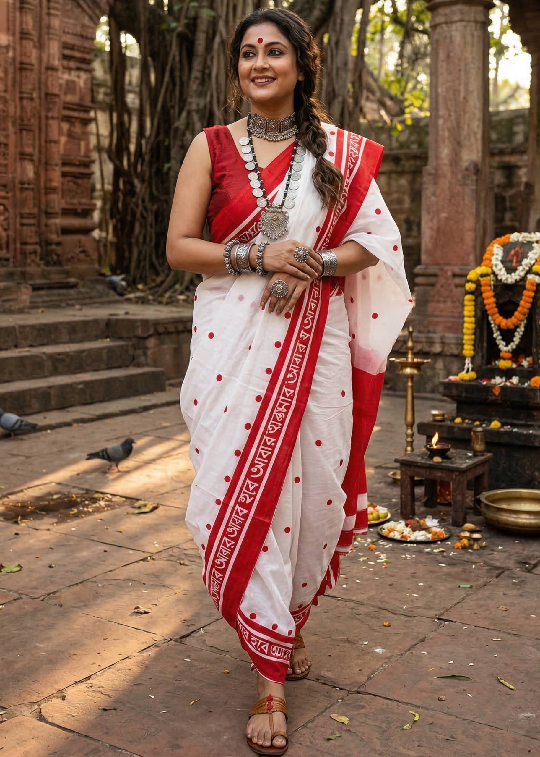 BAGRU BLOCK PRINT MULMUL COTTON MULMUL RED AND WHITE SAREE WITH BLOUSE