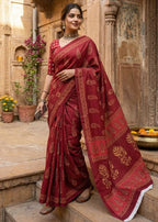 PURE MULMUL HAND BLOCK PRINT COTTON MAROON SAREE WITH BLOUSE