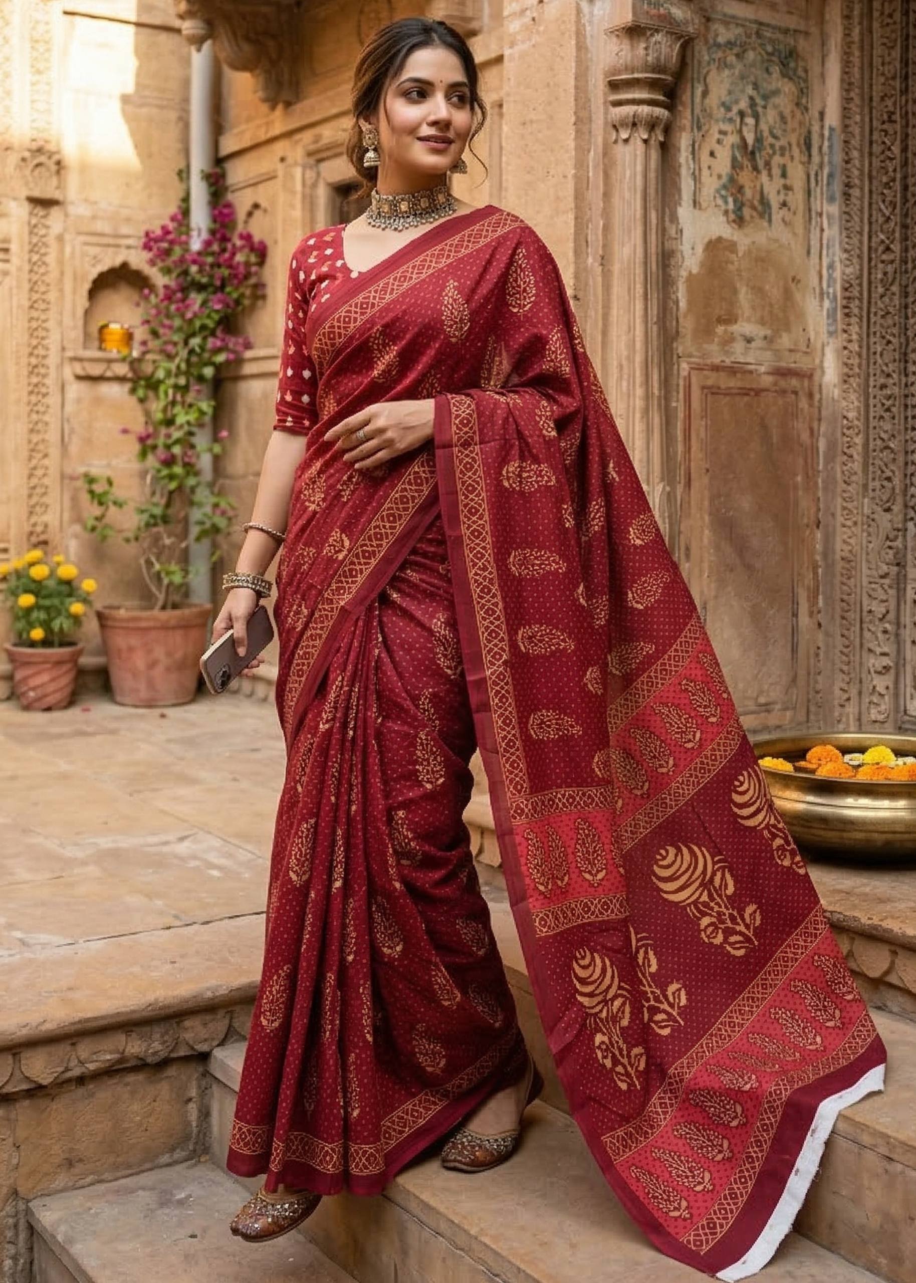 PURE MULMUL HAND BLOCK PRINT COTTON MAROON SAREE WITH BLOUSE