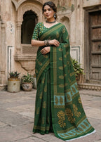 PURE MULMUL HAND BLOCK PRINT COTTON GREEN SAREE WITH BLOUSE