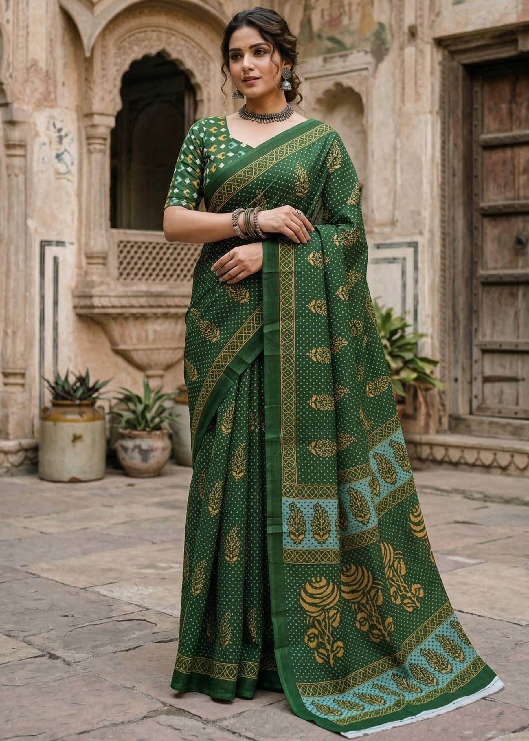 PURE MULMUL HAND BLOCK PRINT COTTON GREEN SAREE WITH BLOUSE