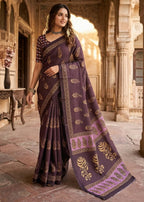 PURE MULMUL HAND BLOCK PRINT COTTON PURPLE SAREE WITH BLOUSE