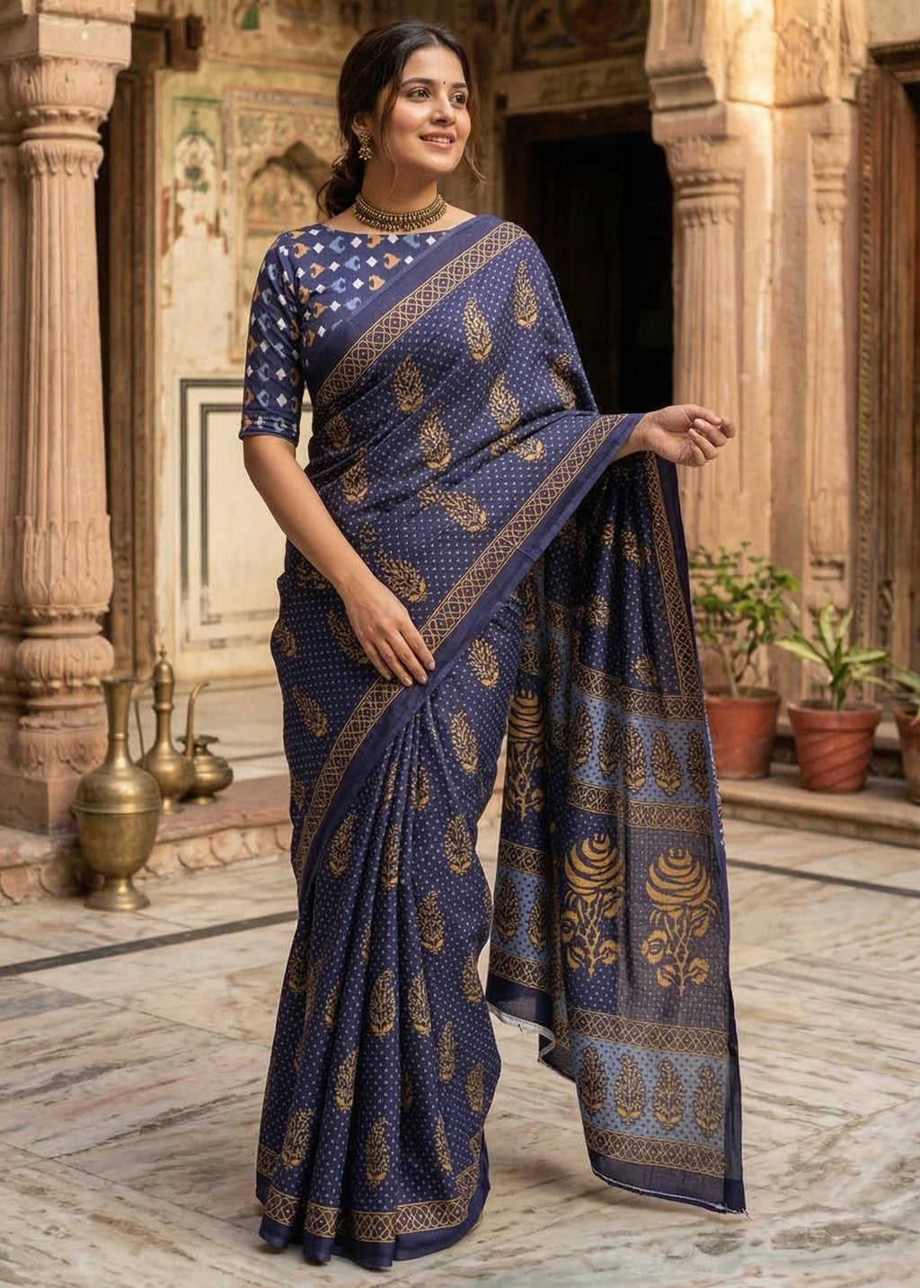 PURE MULMUL HAND BLOCK PRINT COTTON BLUE SAREE WITH BLOUSE
