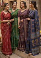 PURE MULMUL HAND BLOCK PRINT COTTON GREEN SAREE WITH BLOUSE