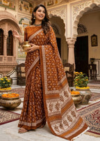 PURE MULMUL COTTON BOOTI MOTIFS PRINTD ORANGE SAREE WITH BLOUSE