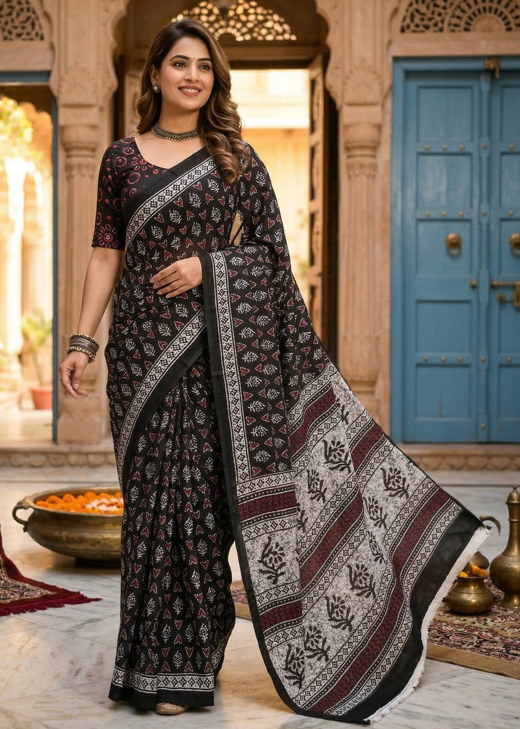 PURE MULMUL COTTON BOOTI MOTIFS PRINTD BLACK SAREE WITH BLOUSE