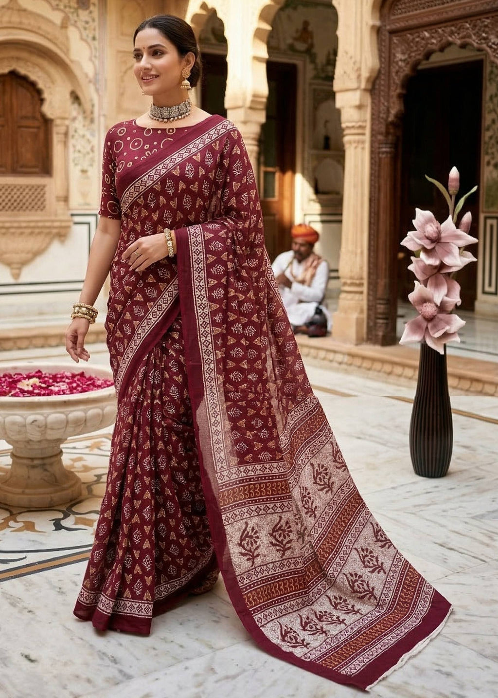 PURE MULMUL COTTON BOOTI MOTIFS PRINTD MAROON SAREE WITH BLOUSE
