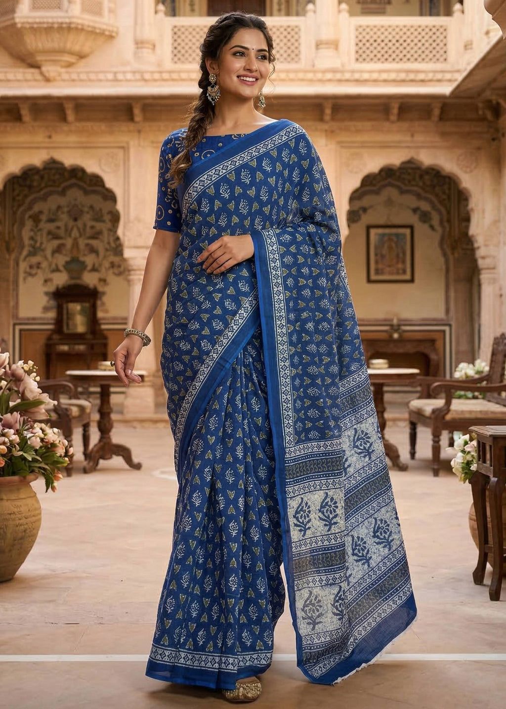PURE MULMUL COTTON BOOTI MOTIFS PRINTD BLUE SAREE WITH BLOUSE