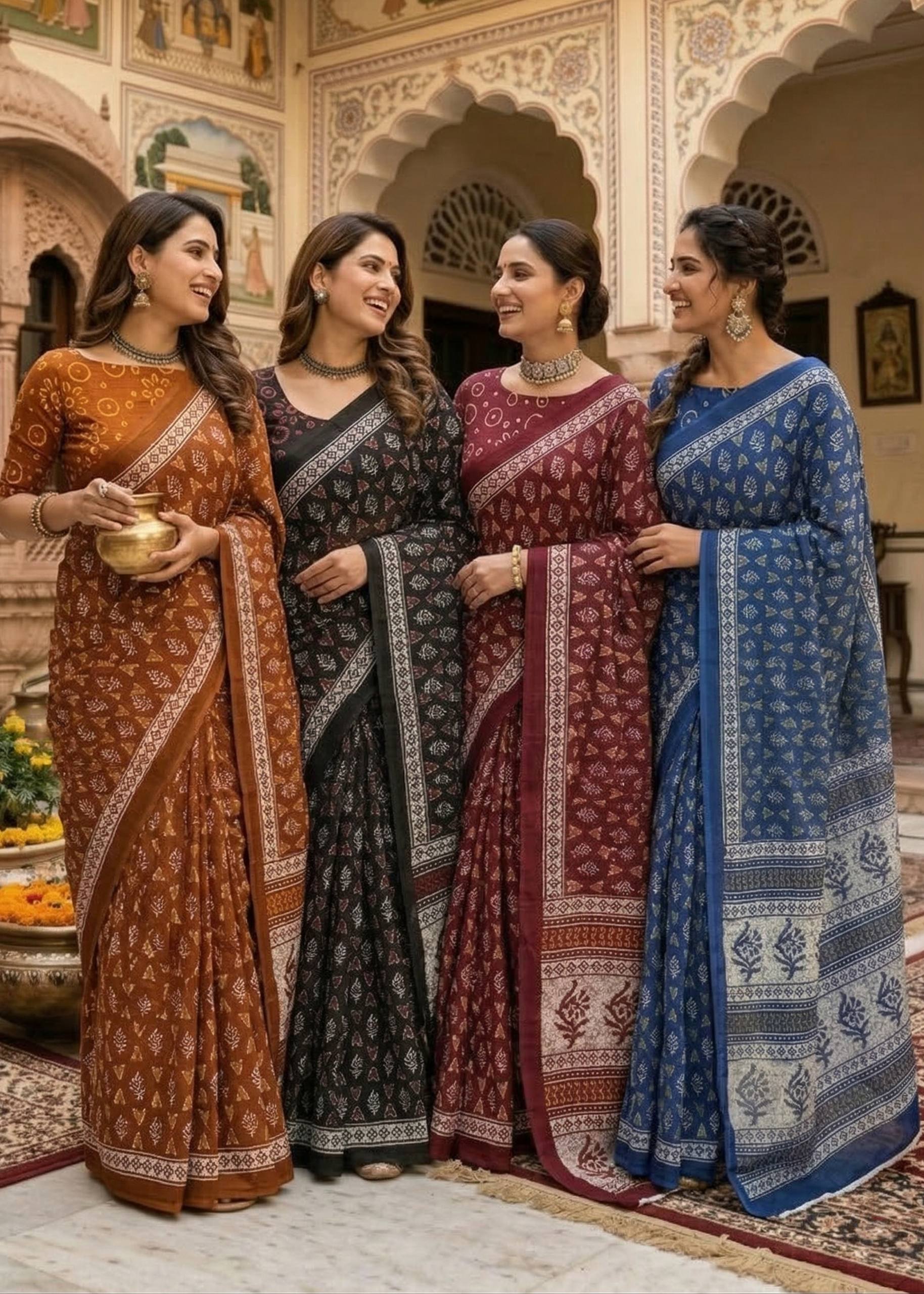 PURE MULMUL COTTON BOOTI MOTIFS PRINTD BLUE SAREE WITH BLOUSE