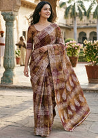 PURE MULMUL COTTON HAND BLOCK PRINT BROWN SAREE WITH BLOUSE