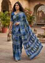 PURE MULMUL COTTON HAND BLOCK PRINT BLUE SAREE WITH BLOUSE