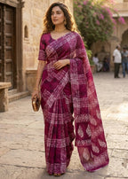 PURE MULMUL COTTON HAND BLOCK PRINT PURPLE SAREE WITH BLOUSE