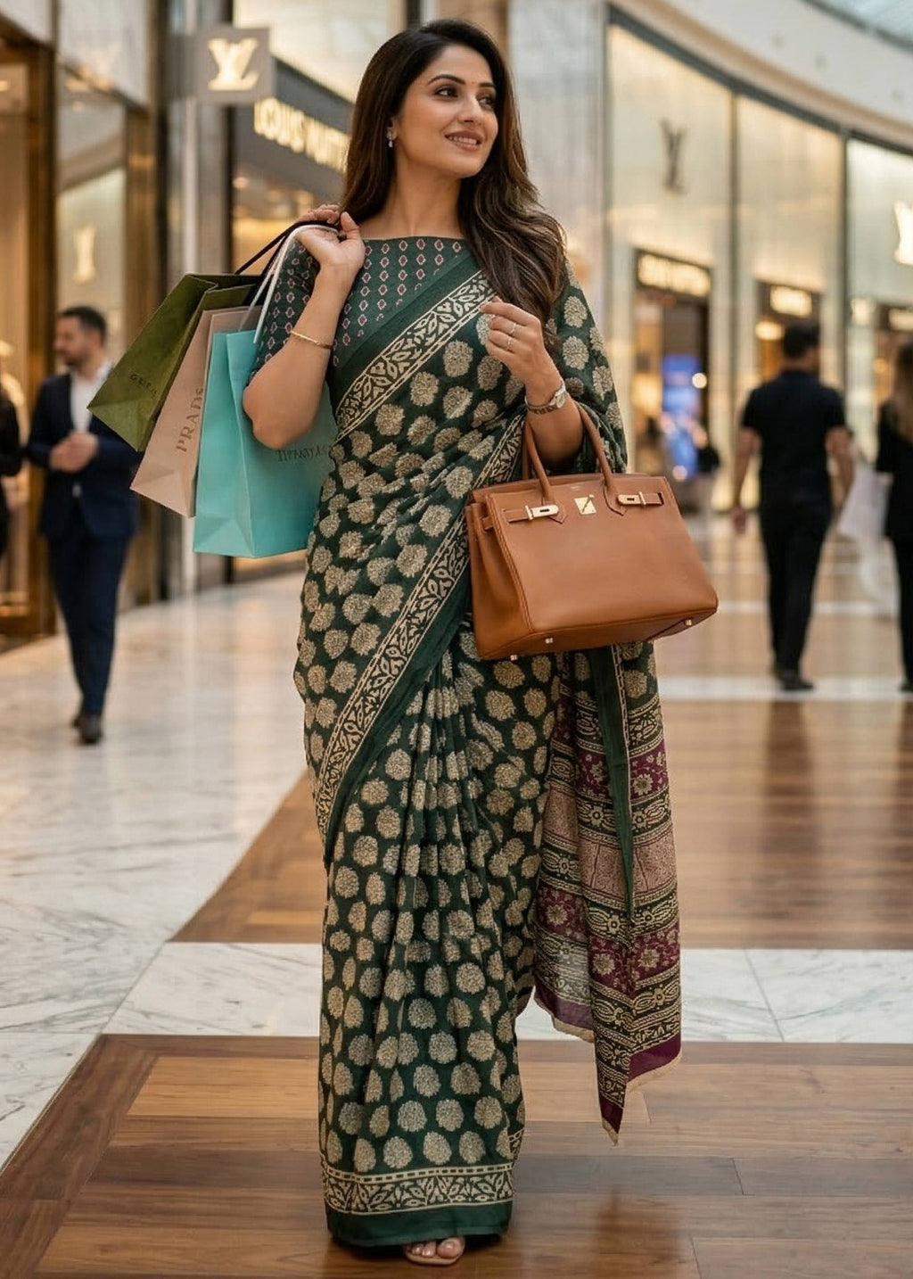 PURE MULMUL COTTON HAND BLOCK PRINT GREEN SAREE WITH BLOUSE