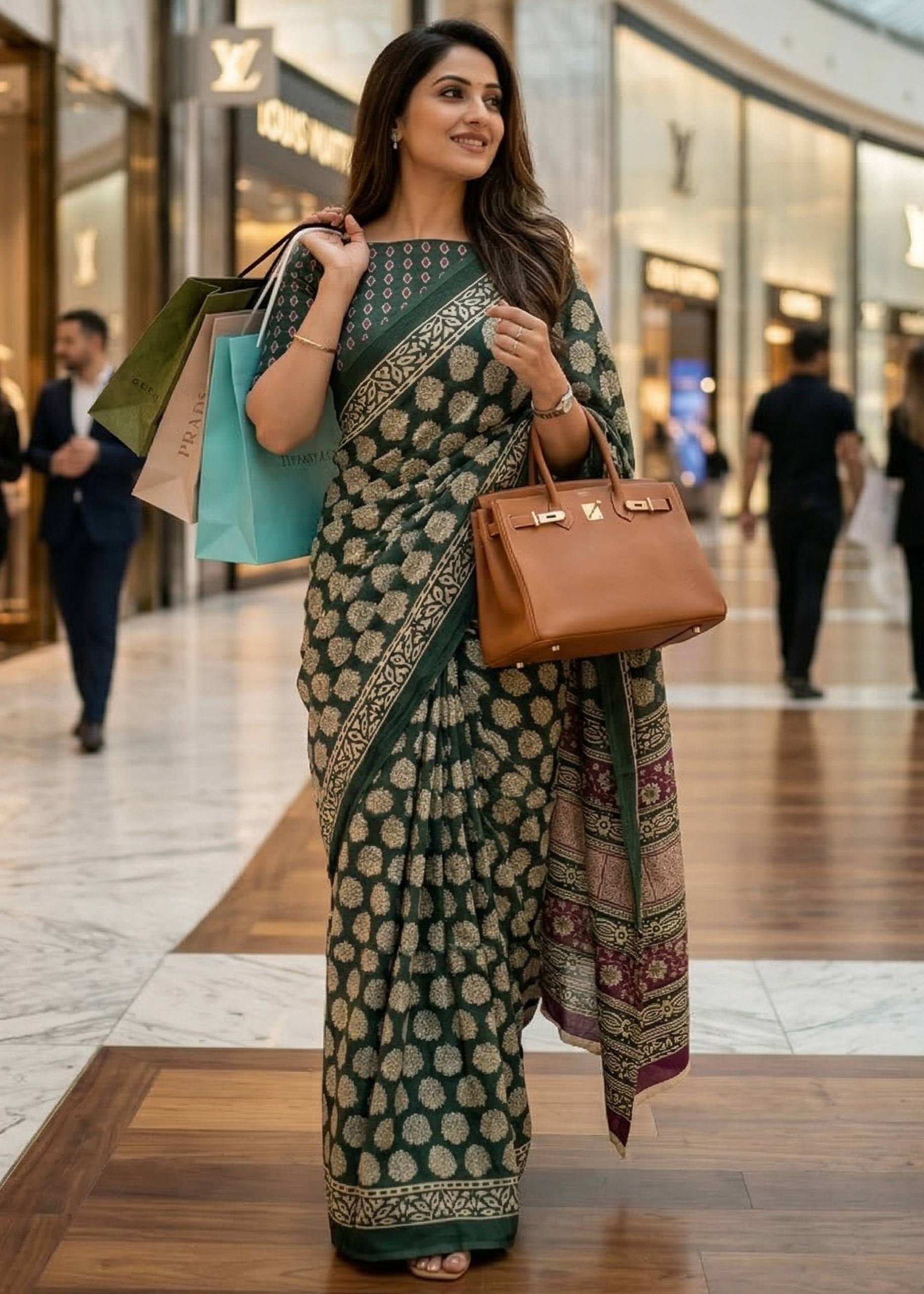 PURE MULMUL COTTON HAND BLOCK PRINT GREEN SAREE WITH BLOUSE