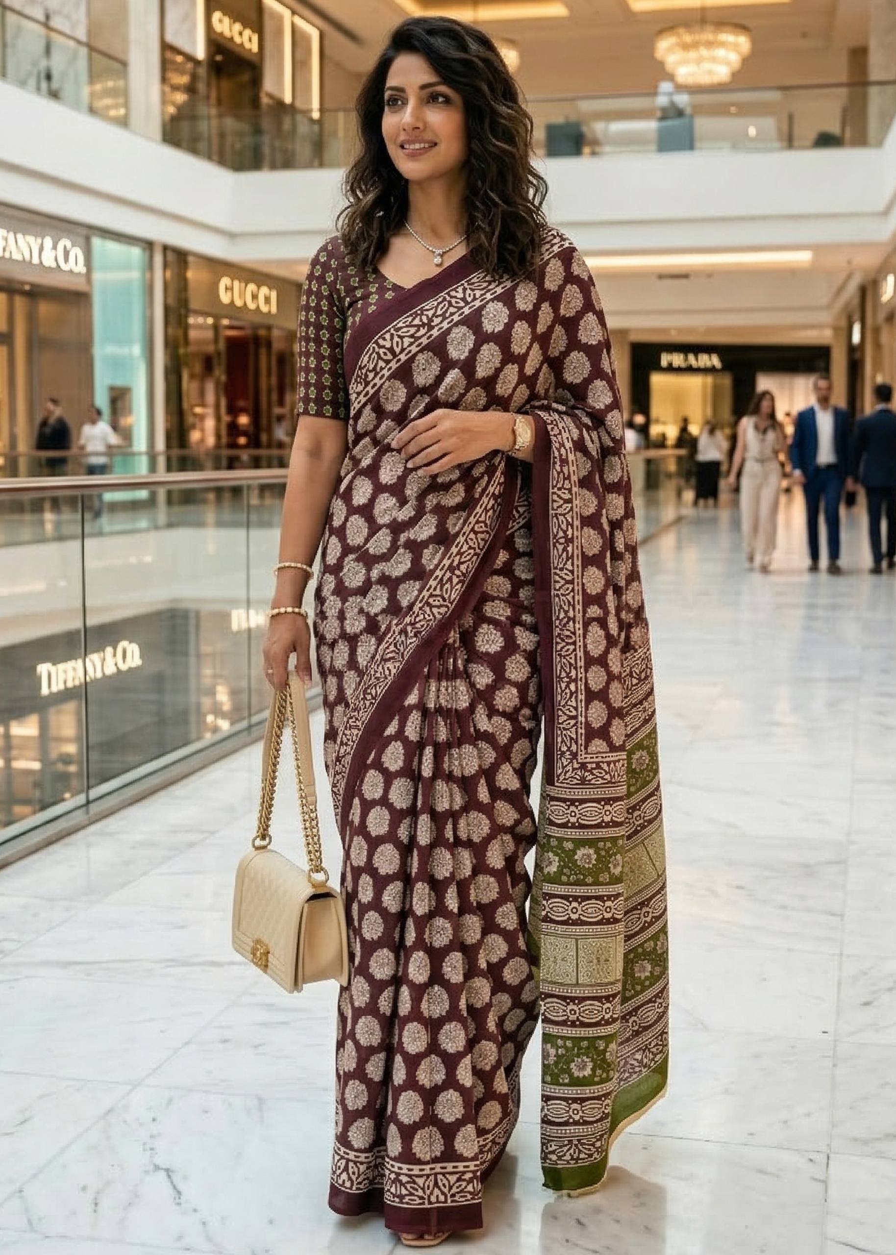PURE MULMUL COTTON HAND BLOCK PRINT BROWN SAREE WITH BLOUSE