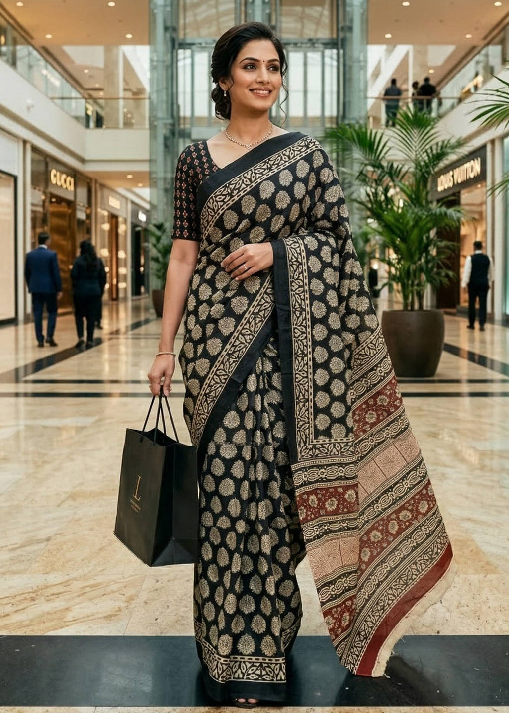 PURE MULMUL COTTON HAND BLOCK PRINT BLACK SAREE WITH BLOUSE