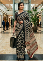 PURE MULMUL COTTON HAND BLOCK PRINT BLACK SAREE WITH BLOUSE