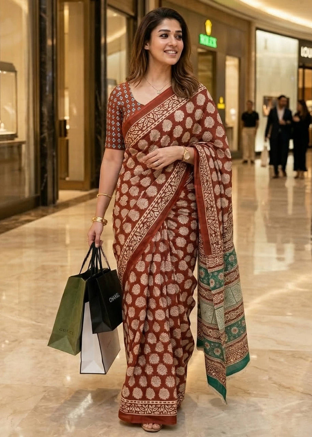 PURE MULMUL COTTON HAND BLOCK PRINT MAROON SAREE WITH BLOUSE