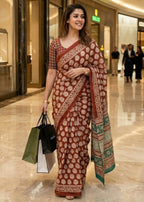 PURE MULMUL COTTON HAND BLOCK PRINT MAROON SAREE WITH BLOUSE