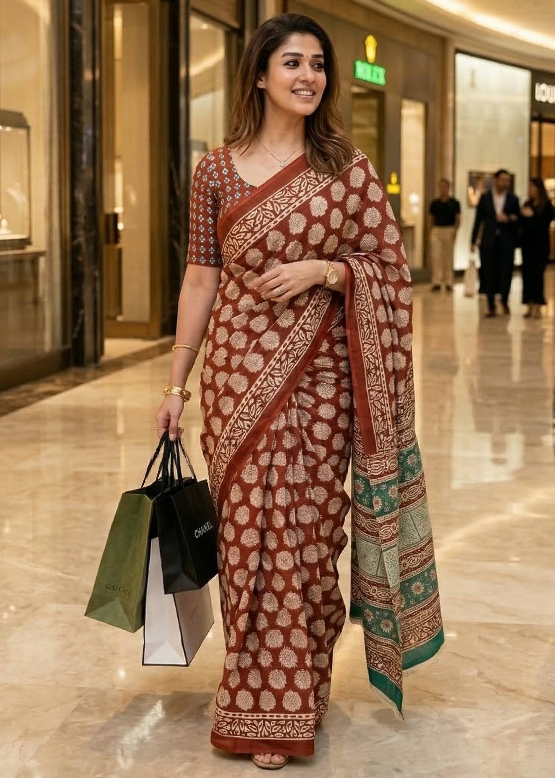 PURE MULMUL COTTON HAND BLOCK PRINT MAROON SAREE WITH BLOUSE