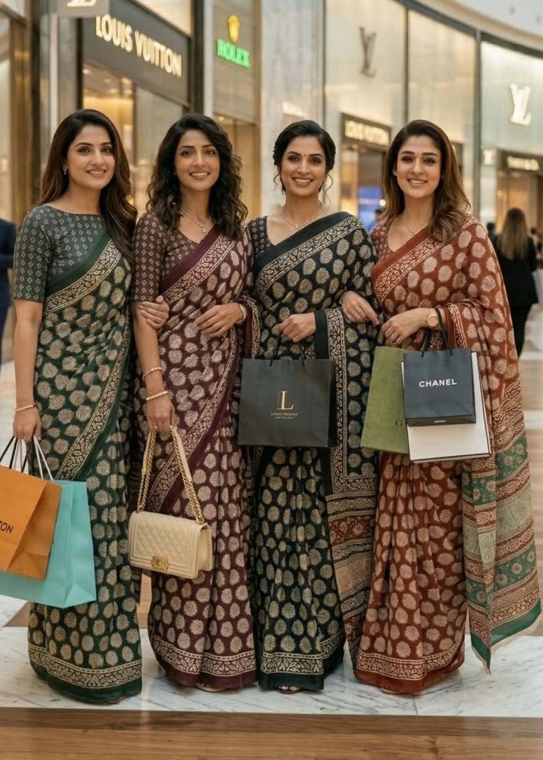 PURE MULMUL COTTON HAND BLOCK PRINT BROWN SAREE WITH BLOUSE