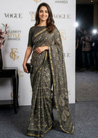 BAGRU BLOCK PRINT SOFT MASLIN COTTON ZARI BORDER BLACK SAREE WITH BLOUSE