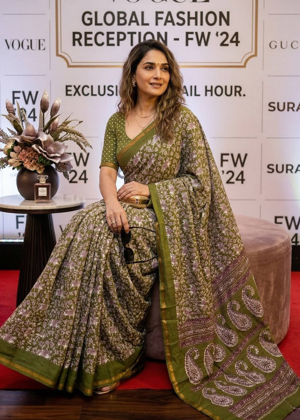 BAGRU BLOCK PRINT SOFT MASLIN COTTON ZARI BORDER GREEN SAREE WITH BLOUSE