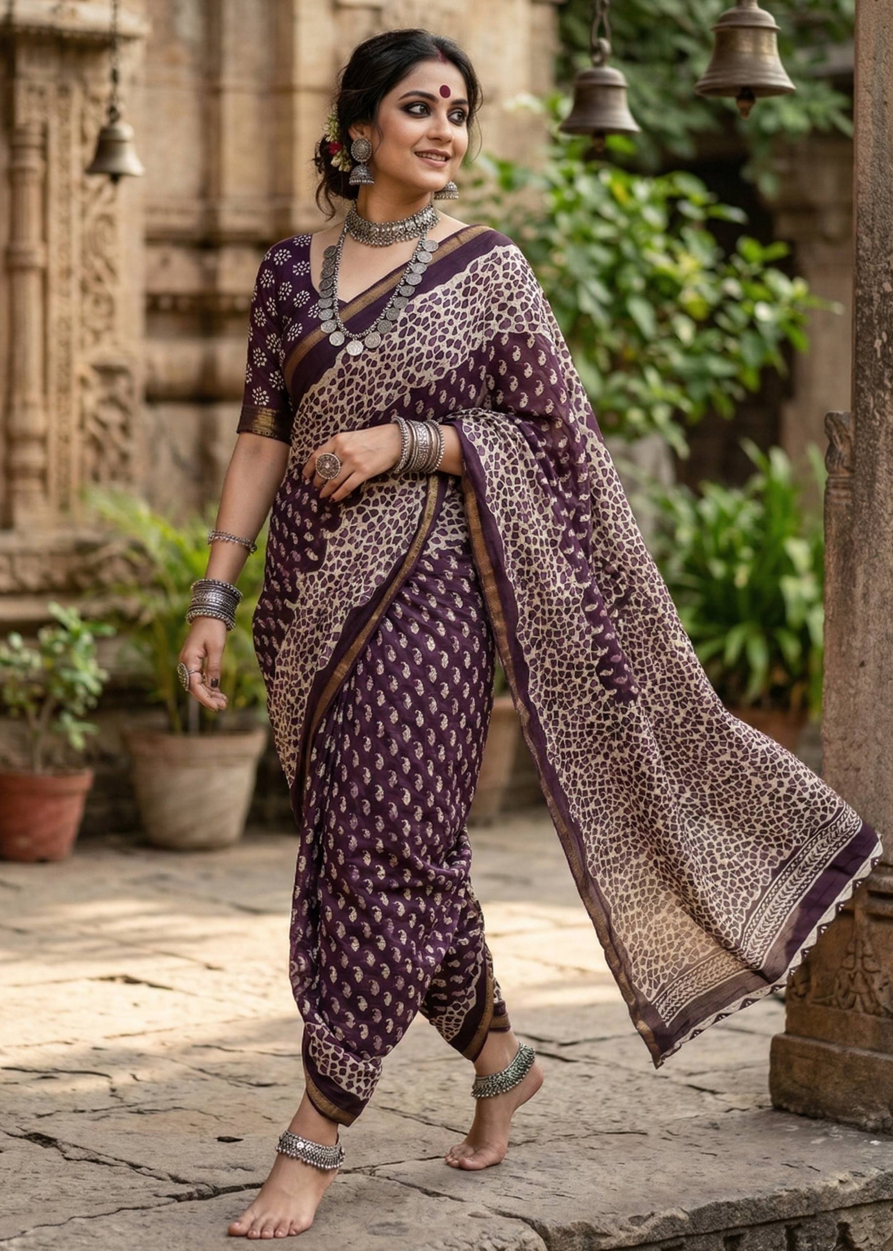 BAGRU BLOCK PRINT SOFT MASLIN COTTON ZARI BORDER VOILET SAREE WITH BLOUSE